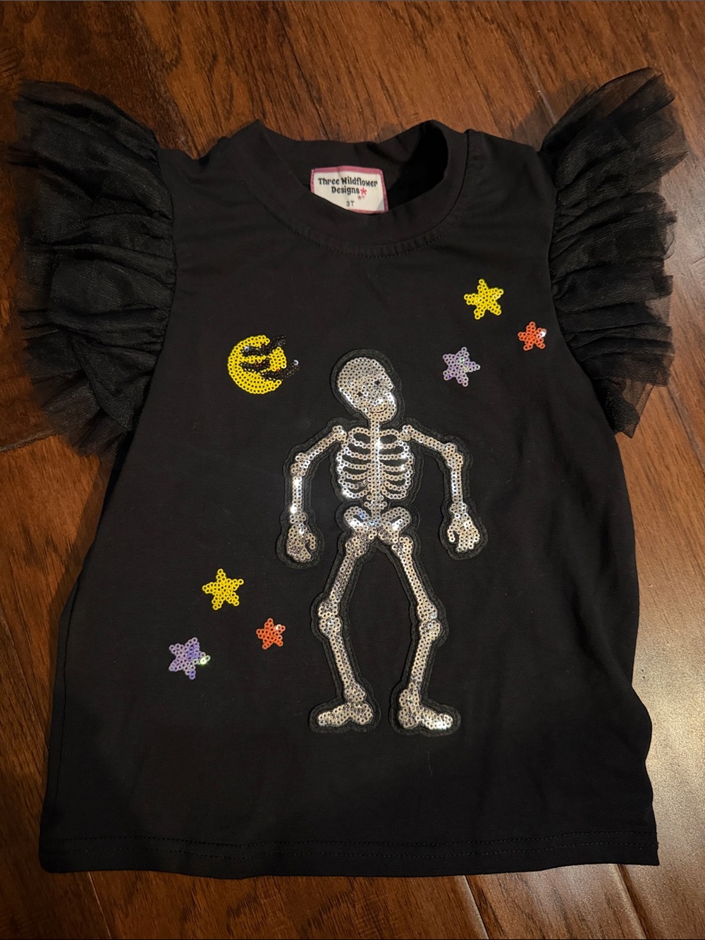 Black Short Sleeve Tee with Sequin Skeleton